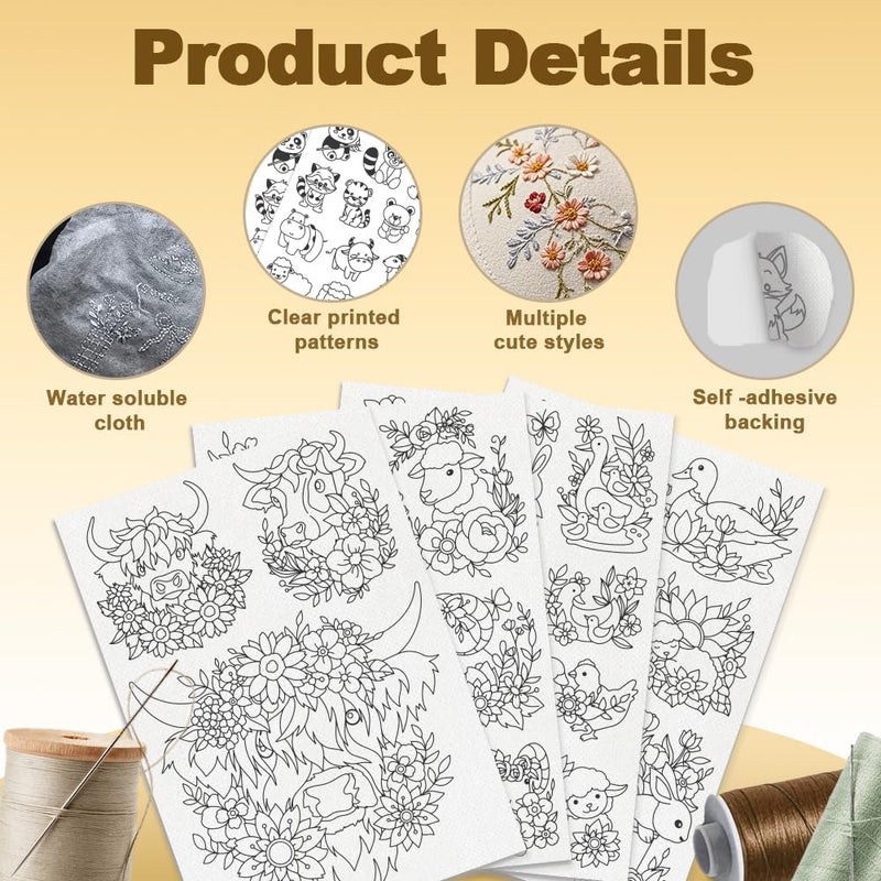 DOODLREAM 27Pcs Farm Animals and Flowers Embroidery Pattern Stabilizer, 8.3"x11.7" Highland Cow Sheep Water Soluble Stick and Stitch Embroidery Sticker, 4 Sheets Rabbit Duck Hand Sewing DIY Embroidery Paper - Image 3